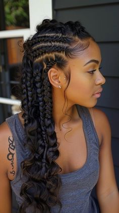 Discover ethereal beauty with these black cornrow hairstyles with curls. Perfect for a dreamy look. Save this pin for ethereal cornrow and curl ideas! #CornrowsWithCurls #EtherealStyle #DreamyLook Wedding Day Braids Hairstyles Black Women, Black Women Two Braids Hairstyles, French Curls Braids Cornrows, Scalp Twist Natural Hair, Fancy Curly Hairstyles Natural, Formal Braid Styles, Pregnancy Braids Hairstyles, 4 Goddess Braids Hairstyles, Wedding Hairstyles Braids Black Women