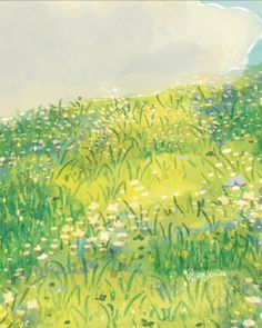 a painting of grass and flowers on a sunny day