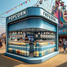 an amusement park with people walking around the fairground and food stands in front of it