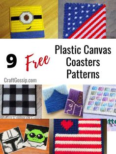 crocheted coasters with the words 9 free plastic canvas coasters patterns on them