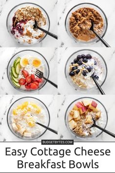 six different breakfast bowls are shown with the words easy cottage cheese breakfast bowls above them