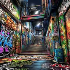 an alleyway with graffiti all over the walls and stairs leading up to another building