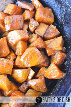 cooked sweet potatoes in a frying pan