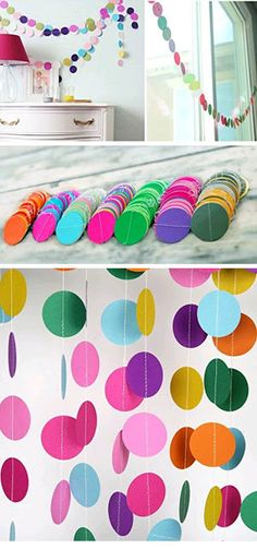 colorful paper circles hanging from the ceiling