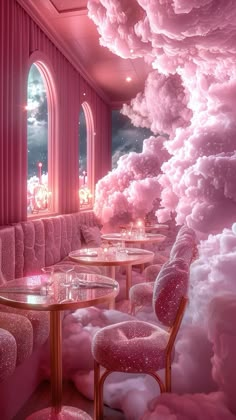 the interior of a restaurant with pink clouds on the walls and tables in the middle