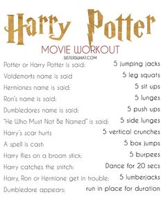 a harry potter movie workout sheet with instructions on how to do it and where to put the