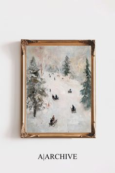 a painting hanging on the side of a wall with people sledding down a hill