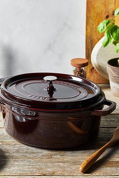 a pot with a lid sitting on top of a wooden table next to a plant