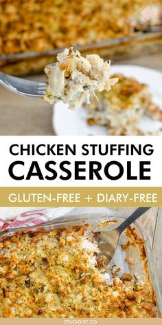 chicken stuffing casserole with text overlay