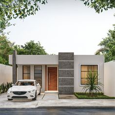 a white car parked in front of a house with a wooden door and window on the side