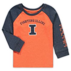 In your household, every member of the family is born and raised as a hardcore Illinois Fighting Illini supporter. Get your kiddo in the team spirit with this raglan long sleeve T-shirt from Colosseum. It's decked out in Illinois Fighting Illini graphics on the front and down the sleeves, so your youngster's newfound passion can be seen by all. Raglan Long Sleeve, Toddler Boys, Illinois, Boy Or Girl, Long Sleeve Tshirt, Top Outfits, Fan, Orange, Sweatshirts