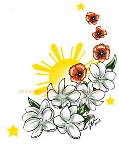 an image of flowers with the sun in the background and stars on the bottom side