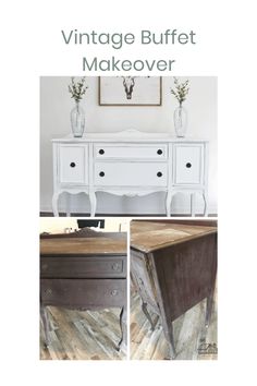 an old dresser is painted white and has been transformed into a vintage buffetet makeover