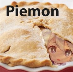 there is a pie that has been cut in half with the word piemon on it