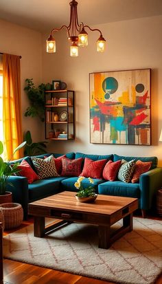 a living room filled with furniture and a painting on the wall above it's coffee table