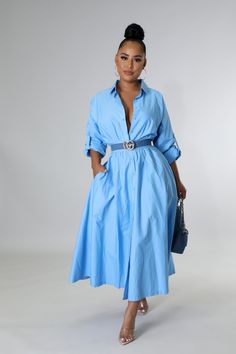 Non-stretch dress Collar Long sleeves Pockets Button closure 100% cotton Hand wash cold Model is wearing a small MODEL STATS Height: 5.6"Bust:34" / Waist:25" / Hips:41" Light Blue Long Sleeve Cotton Shirt Dress, Light Blue Long Sleeve Dress With Buttons, Light Blue Button-up Dress With Pockets, Light Blue Long Sleeve Shirt Dress For Daywear, Light Blue Long Sleeve Dresses With Pockets, Light Blue Long Sleeve Dress With Pockets, Blue Button-up Solid Color Dress, Blue Long Sleeve Shirt Dress For Daywear, Fitted Light Blue Long Sleeve Shirt Dress