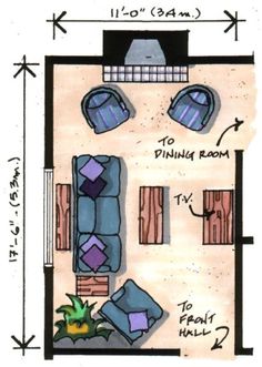 a drawing of a living room with furniture and floor plans on the wall above it