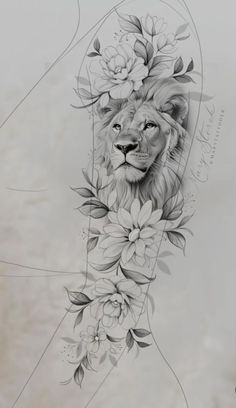 a drawing of a lion with flowers on its head