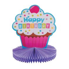 a birthday cupcake with the words happy birthday on it's top and paper fans