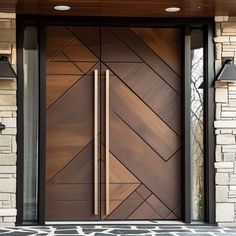 a modern wooden door with two side lights on each side and a decorative pattern on the outside