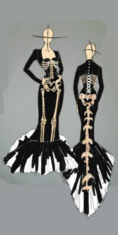 two skeletons in black and white tutu skirts