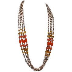 Miriam Haskell 4 strand necklace of signature pearls and various shades of orange/topaz/mustard/peach pate de verre glass beads. There are gilt metal and orange glass spacers throughout and there are additional rose monte rhinestone spacers in the orange beaded sections. Signed on signature "bird" clasp.
 Adjustable 29-31". Miriam Haskell Necklace, Multi Strand Pearl Necklace, Miriam Haskell Jewelry, Multi Strand Beaded Necklace, Pearl Strands Necklace, White Pearl Necklace, Miriam Haskell, Vintage Inspiration, Rose Necklace