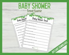 two baby shower game cards with green leaves on them and the words, baby shower