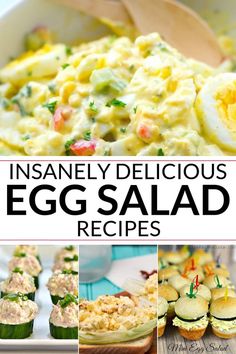 an egg salad recipe is shown in this collage