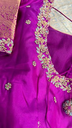 Violet Colour Blouse Aari Work Designs, Purple Aari Work Blouse, Purple Colour Blouse Maggam Work Designs, Magenta Color Aari Work Blouse, Brinjal Color Blouse Maggam Work, Long Blouse Designs, Blouse Designs Catalogue, Pattu Saree Blouse Designs