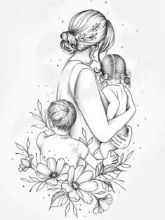 a drawing of a woman holding a child in her arms and flowers around her neck