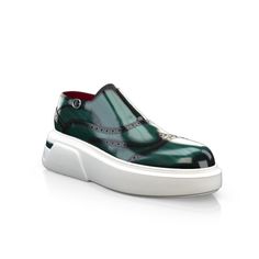 Luxury Green Slip-on Leather Shoes, Luxury Green Leather Shoes With Brogue Detailing, Luxury Green Leather Shoes With Rubber Sole, Luxury Green Leather Shoes With Round Toe, Green Closed Toe Leather Sneakers, Green Leather Closed Toe Sneakers, Luxury Green Calf Leather Shoes, Designer Green Leather Shoes, Luxury Green Leather Shoes