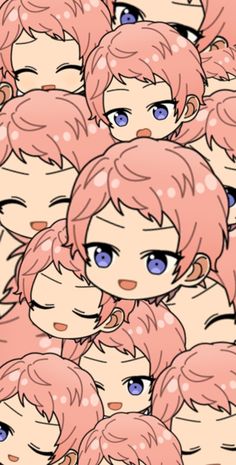 many anime faces with blue eyes and pink hair, all lined up in the same pattern