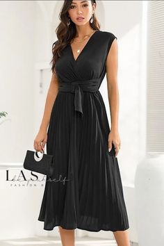 Lasaky - Flattering and Fashionable Sleeveless V-Neck Belted Maxi Dress with Pleats Loose Midi Dress, A Line Evening Dress, Dress Stylish, Black Tank Dress, Belted Midi Dress, Legging Sport, Sleeves Clothing, Weave Style, Pleated Midi Dress