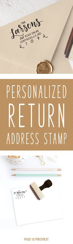 the personalized return address stamp is shown on top of an envelope and in front of it