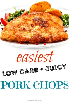 an advertisement for pork chops on a white plate