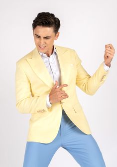 Experience true elegance in this Liberty Light Yellow Linen jacket. Handcrafted from 100% linen, this eye-catching custom made blazer will make you look and feel like a million bucks with its bright and stylish summer vibes. Perfect for stand out occasions, your exquisite outfit will turn heads. Elegant Yellow Blazer For Semi-formal Occasions, Luxury Spring Blazer With Lapel Collar, Luxury Semi-formal Spring Blazer, Yellow Fitted Blazer For Semi-formal Occasions, Luxury Spring Blazer, Luxury Notch Lapel Blazer For Spring, Luxury Semi-formal Sport Coat For Spring, Luxury Spring Semi-formal Sport Coat, Luxury Sport Coat For Semi-formal Spring Occasions