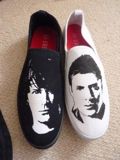 two pairs of shoes with the faces of people painted on them, one in black and white