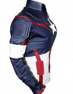 the avengers costume is shown in blue and white with an american flag pattern on it