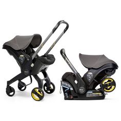 two baby strollers, one black and the other yellow