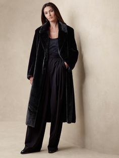 Upsala Faux Fur Coat | Banana Republic Faux Fur Outfit, Trench Coat Fall, Black Fur Coat, Black Faux Fur Coat, Classic Trench Coat, Fur Fabric, Faux Fur Fabric, Fur Fabrics, Notch Collar