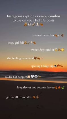 an image of the sun setting over the ocean with text above it that reads instagram captions, emoji combos to use on your fall icts