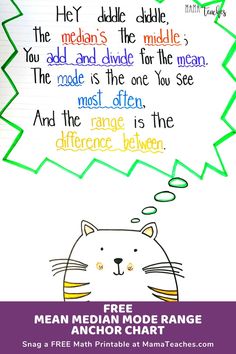 a poster with an image of a cat and the words mean median mode range anchor chart