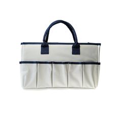 a white and blue bag on a white background with black trim around the bottom part