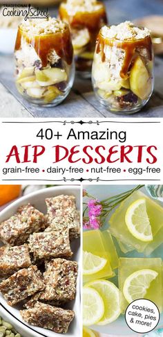 Heal your body AND enjoy a sweet treat with this collection of 40+ amazing AIP desserts! From "chocolate" cookies and cake to no bake pumpkin pudding, these easy and healthy recipes for kids and adults are also Paleo, grain-free, gluten-free, dairy-free, egg-free, and nut-free. Baking for special diets and food allergies can be delicious! #recipes #desserts #healthy #aip #paleo Grain Free Nut Free Desserts, Grain Free Gluten Free Dairy Free, Grain Free Dairy Free Egg Free Nut Free Recipes, Gluten Dairy Egg Nut Free Desserts, Dairy Free Gluten Free Egg Free Desserts, Nut Free Paleo Recipes, Egg Free Dairy Free Nut Free Recipes, Gluten Dairy And Nut Free Recipes, Nut Free Dairy Free Dessert