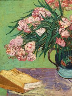 a painting of flowers in a vase on a green background