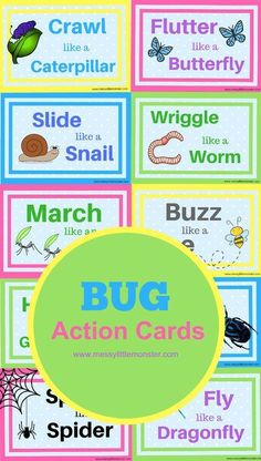 the bug action cards are in different colors and sizes, with text that says bugs on them