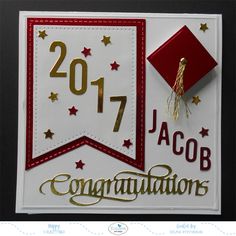 congratulations card with graduation cap and tassels on the front, in red and white