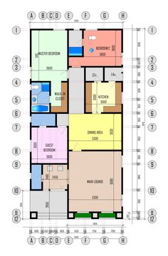 the floor plan for an apartment building with three levels and four rooms, all in different colors