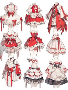 several different types of dresses and outfits for women in red, white and black colors