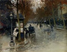 a painting of people walking down a street next to a lamp post and tree lined sidewalk